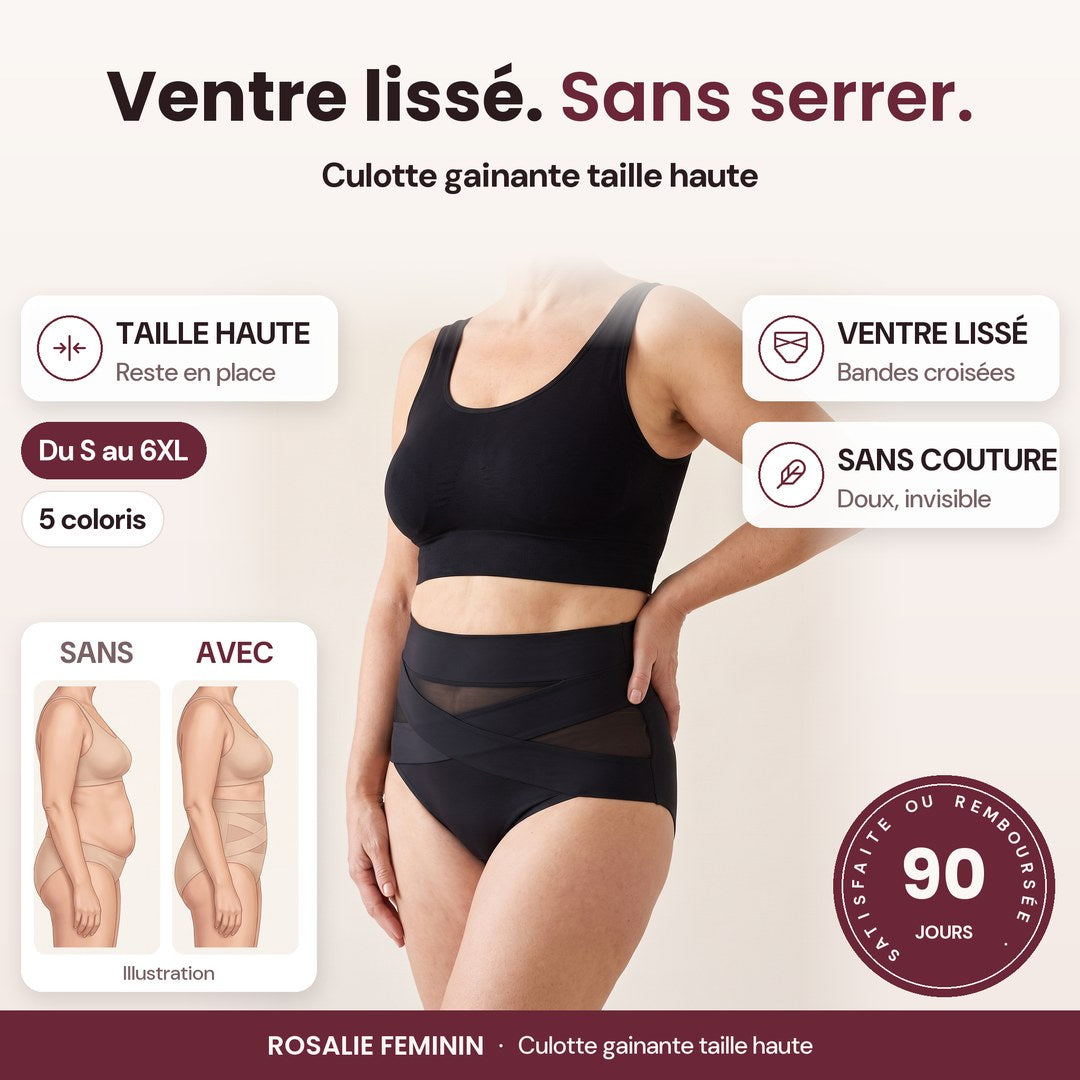 Culotte gainante croisée noire portée : taille haute, deux bandes croisées, sans couture