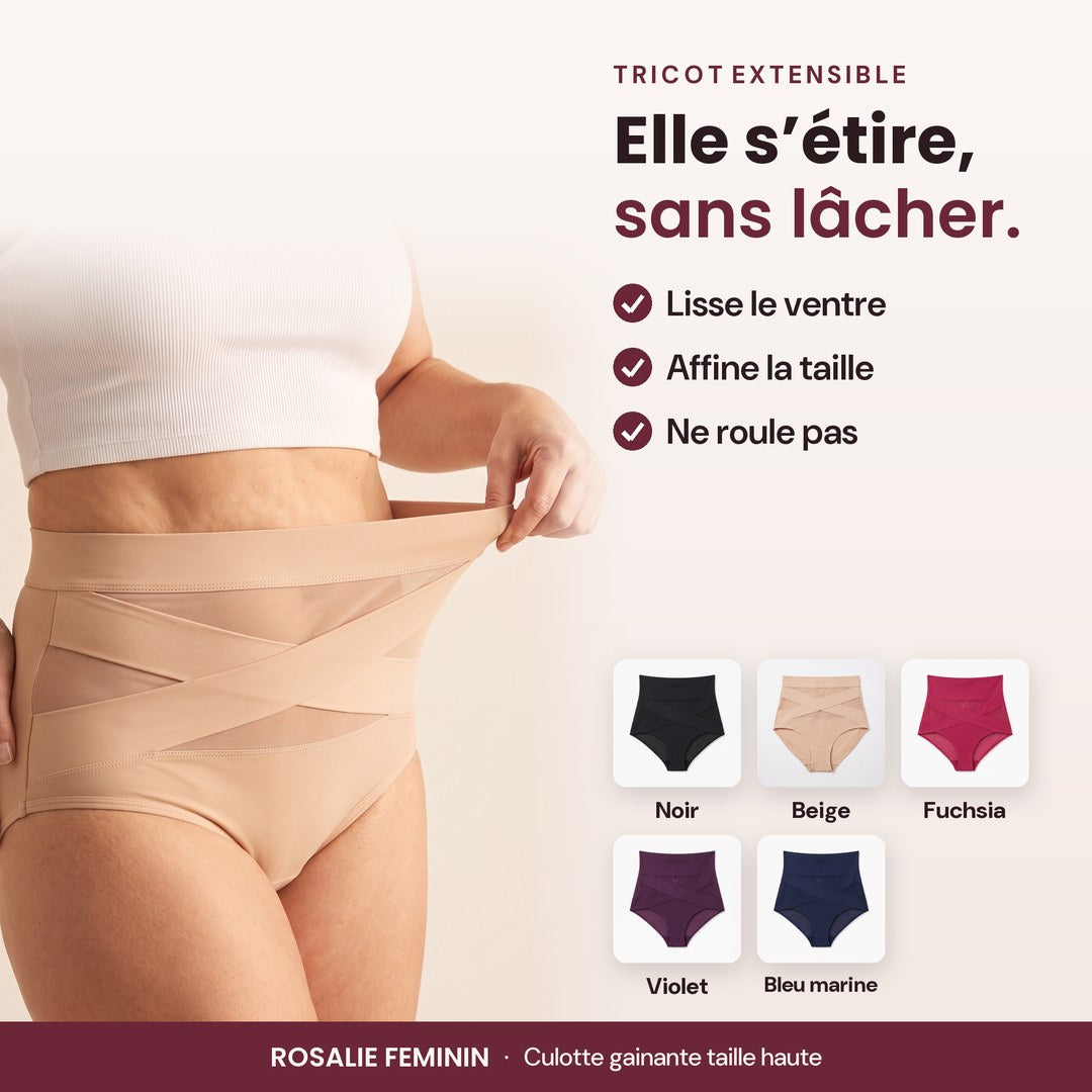 Femme qui étire la ceinture de la culotte gainante : tricot extensible, 5 coloris