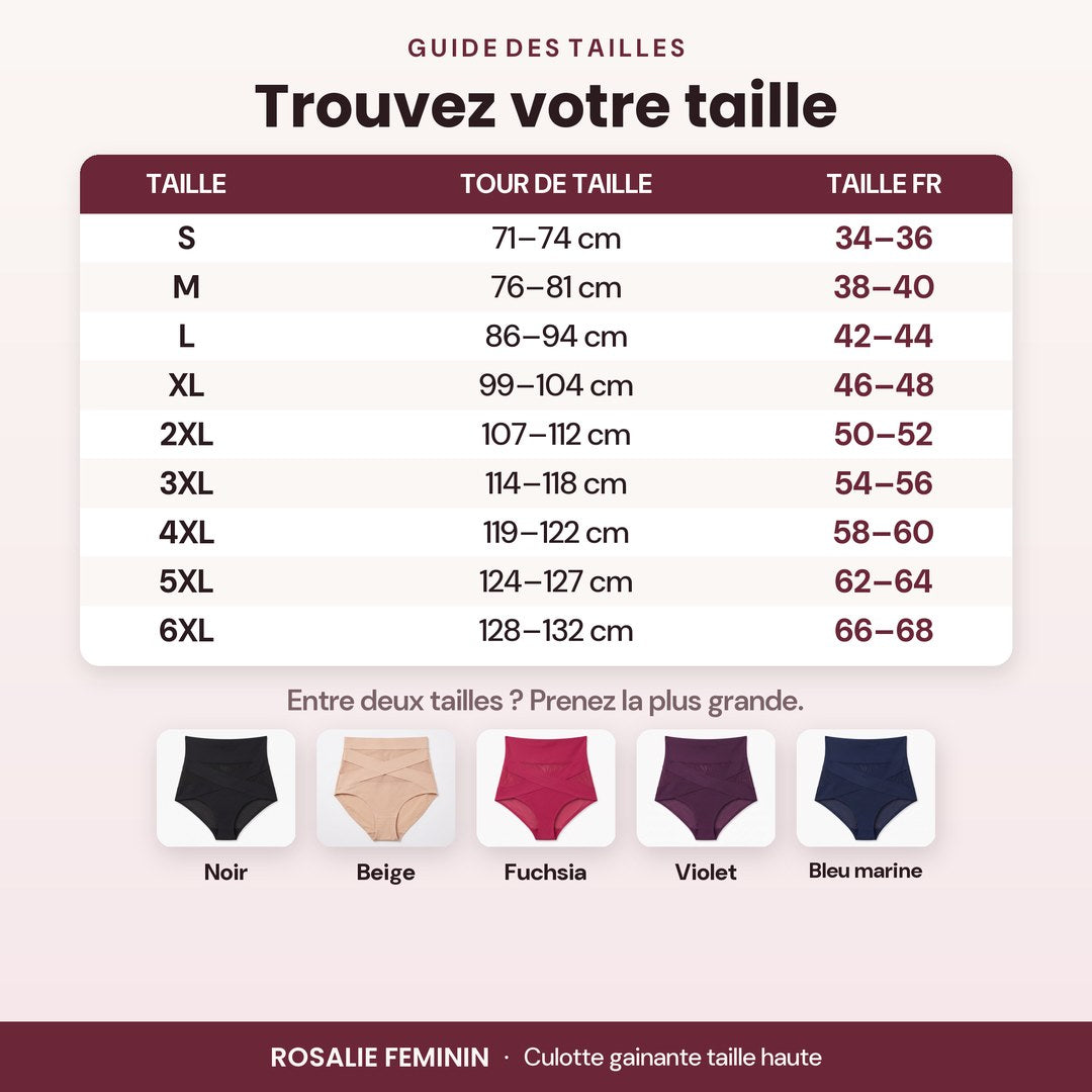 Guide des tailles de la culotte gainante croisée, du S au 6XL, et les 5 coloris