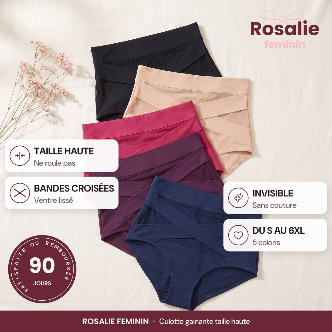Culotte gainante croisée taille haute en 5 coloris : noir, beige, fuchsia, violet, bleu marine