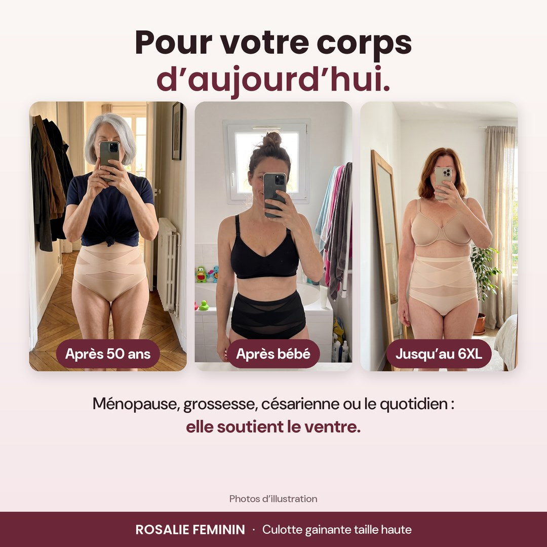 Trois femmes portant la culotte gainante croisée : après 50 ans, après une grossesse, jusqu'au 6XL