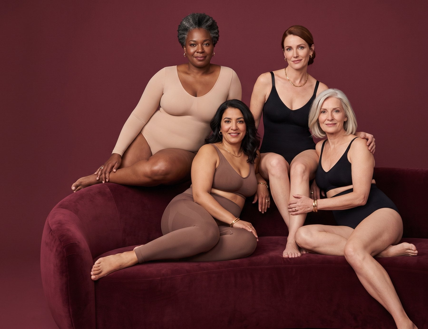 Quatre femmes de 40 à 60 ans, de morphologies différentes, en lingerie gainante